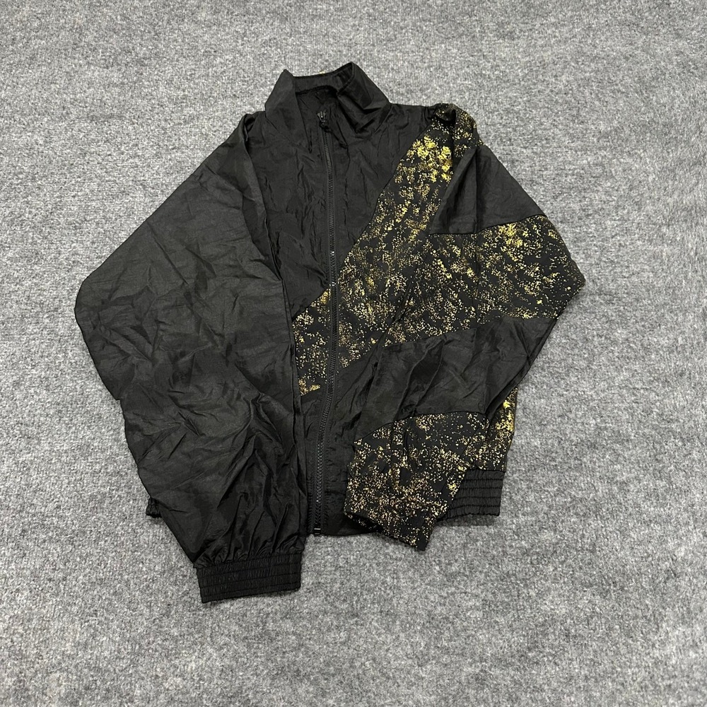 Alpha Factor Windbreaker Womens Size XS Black Gold Splatter Retro USA Zip Jacket